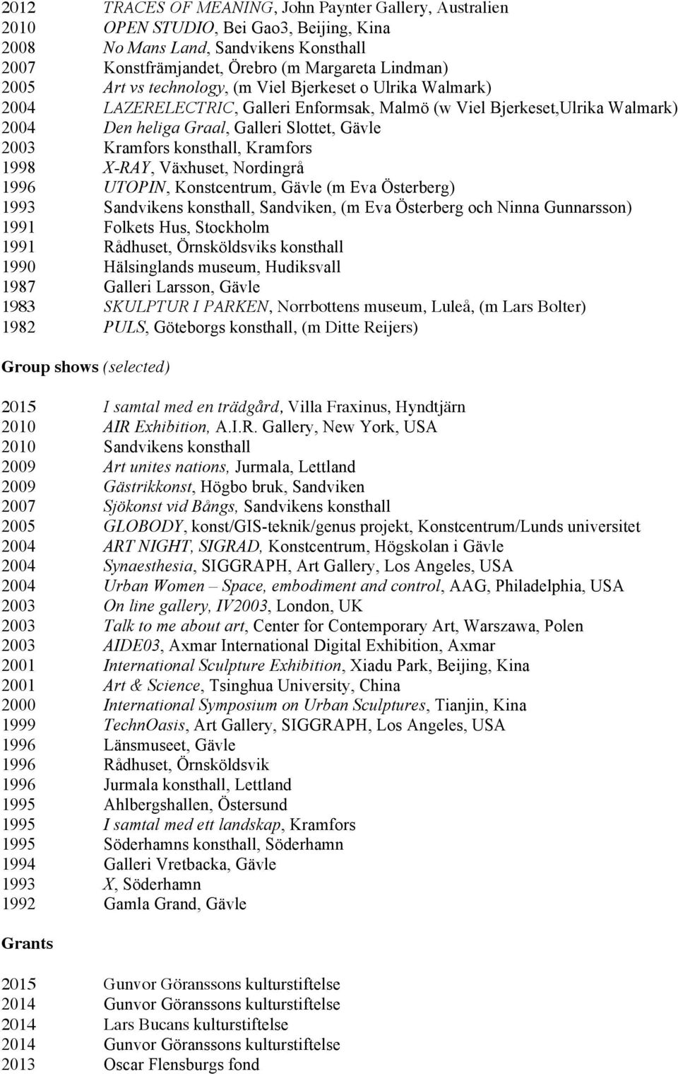 konsthall, Kramfors 1998 X-RAY, Växhuset, Nordingrå 1996 UTOPIN, Konstcentrum, Gävle (m Eva Österberg) 1993 Sandvikens konsthall, Sandviken, (m Eva Österberg och Ninna Gunnarsson) 1991 Folkets Hus,