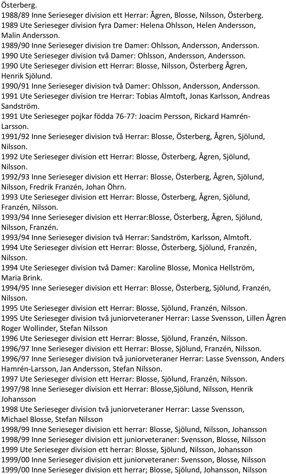 1990 Ute Serieseger division ett Herrar: Blosse, Nilsson, Österberg Ågren, Henrik Sjölund. 1990/91 Inne Serieseger division två Damer: Ohlsson, Andersson, Andersson.