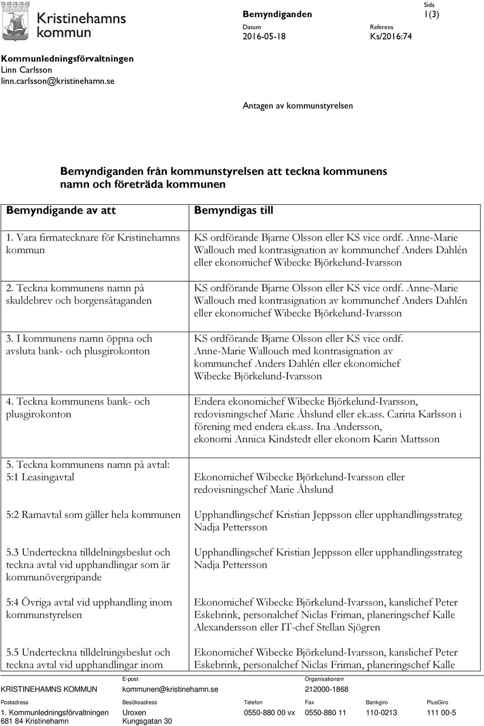 Teckna kommunens namn på skuldebrev och borgensåtaganden 3. I kommunens namn öppna och avsluta bank- och plusgirokonton 4. Teckna kommunens bank- och plusgirokonton 5.