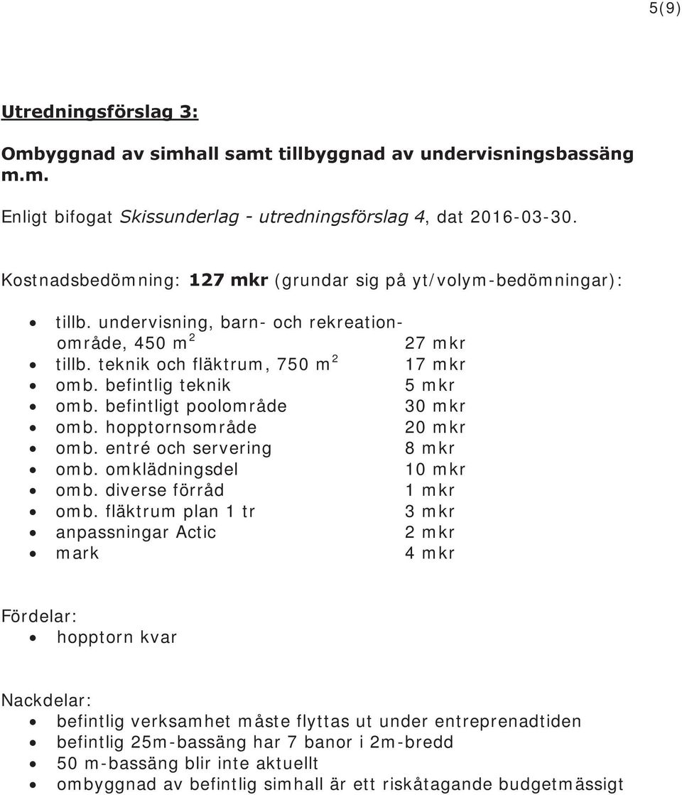 befintlig teknik 5 mkr omb. befintligt poolområde 30 mkr omb. hopptornsområde 20 mkr omb. entré och servering 8 mkr omb. omklädningsdel 10 mkr omb. diverse förråd 1 mkr omb.