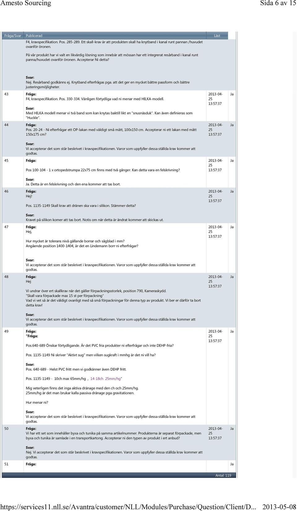 Knytband efterfrågas pga. att det ger en mycket bättre passform och bättre justeringsmöjligheter. 43 Fråga: F4, kravspecifikation. Pos. 330-334. Vänligen förtydliga vad ni menar med HILKA-modell.