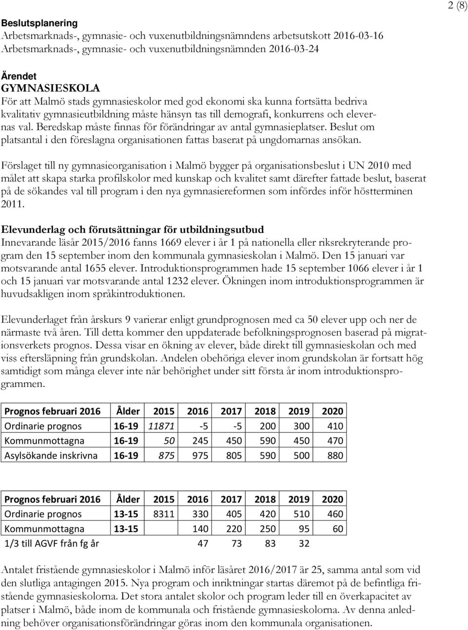 Beredskap måste finnas för förändringar av antal gymnasieplatser. Beslut om platsantal i den föreslagna organisationen fattas baserat på ungdomarnas ansökan.