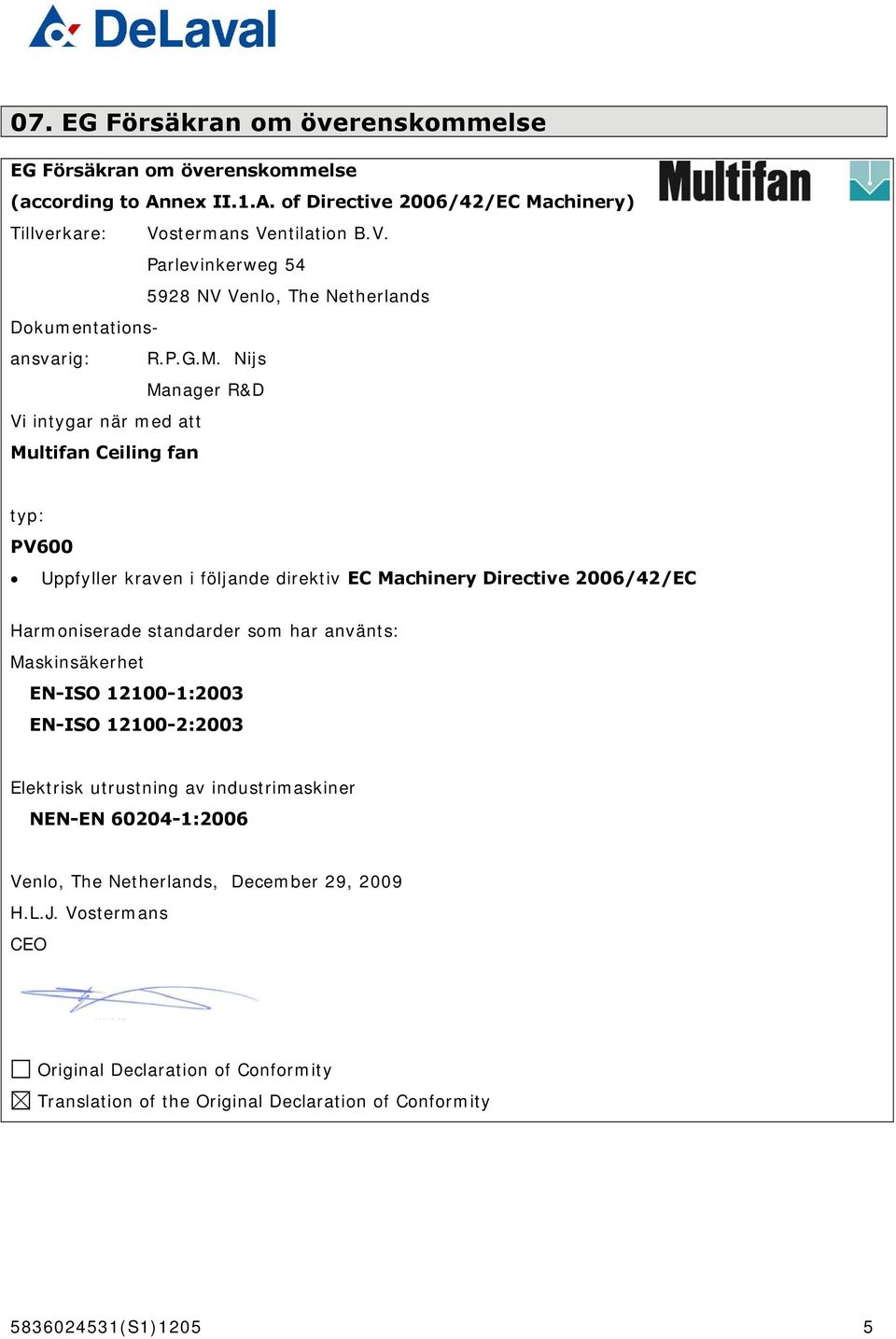 Nijs Manager R&D Vi intygar när med att Multifan Ceiling fan typ: PV600 Uppfyller kraven i följande direktiv EC Machinery Directive 2006/42/EC Harmoniserade standarder som har