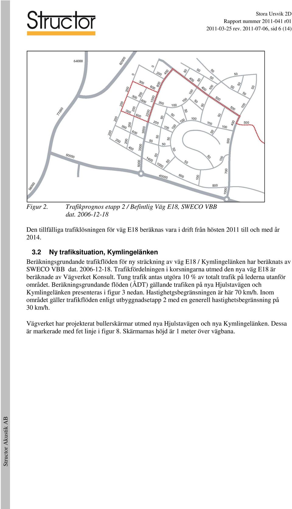 2 Ny trafiksituation, Kymlingelänken Beräkningsgrundande trafikflöden för ny sträckning av väg E18 / Kymlingelänken har beräknats av SWECO VBB dat. 2006-12-18.