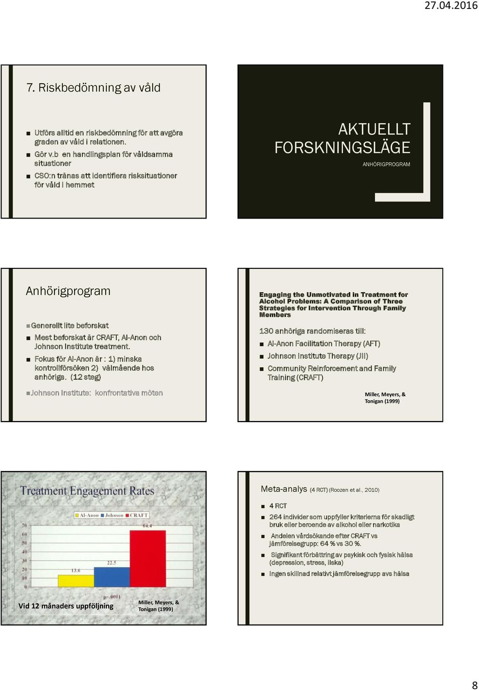 beforskat är CRAFT, Al-Anon och Johnson Institute treatment. Fokus för Al-Anon är : 1) minska kontrollförsöken 2) välmående hos anhöriga.