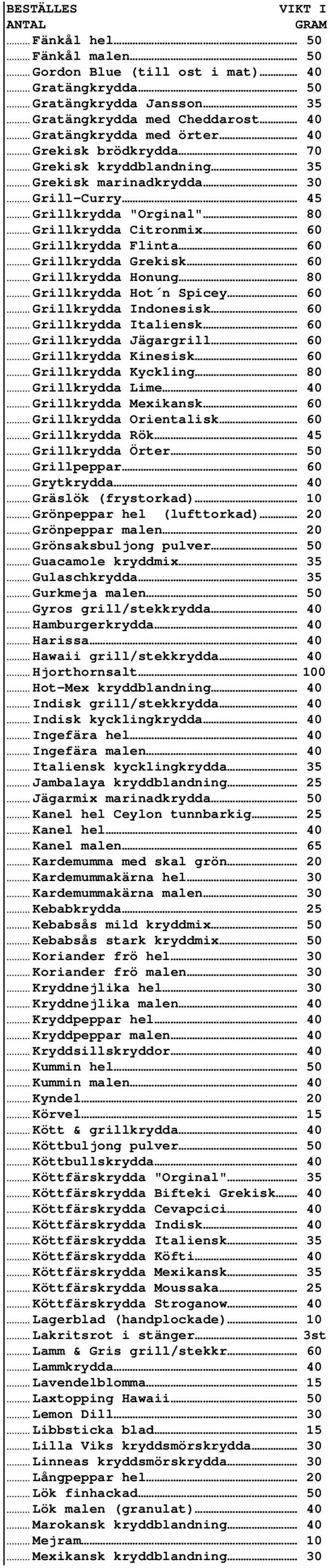 . Grillkrydda Honung 80.. Grillkrydda Hot n Spicey. 60.. Grillkrydda Indonesisk. 60.. Grillkrydda Italiensk. 60.. Grillkrydda Jägargrill 60.. Grillkrydda Kinesisk. 60.. Grillkrydda Kyckling.. 80.. Grillkrydda Lime.