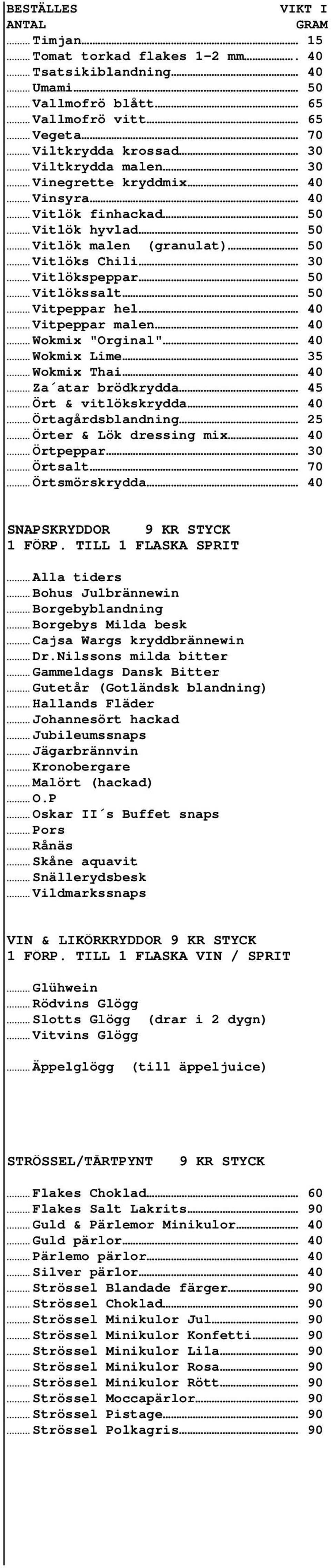 .. Wokmix "Orginal".... Wokmix Lime. 35.. Wokmix Thai.. Za atar brödkrydda.. 45.. Ört & vitlökskrydda... Örtagårdsblandning. 25.. Örter & Lök dressing mix.... Örtpeppar.. 30.. Örtsalt 70.