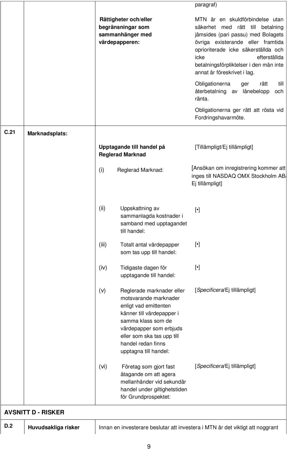 Obligationerna ger rätt till återbetalning av lånebelopp och ränta. Obligationerna ger rätt att rösta vid Fordringshavarmöte. C.