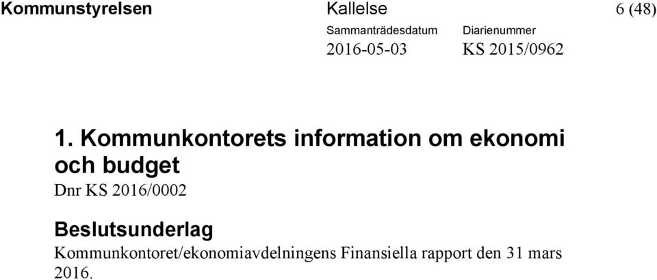 budget Dnr KS 2016/0002