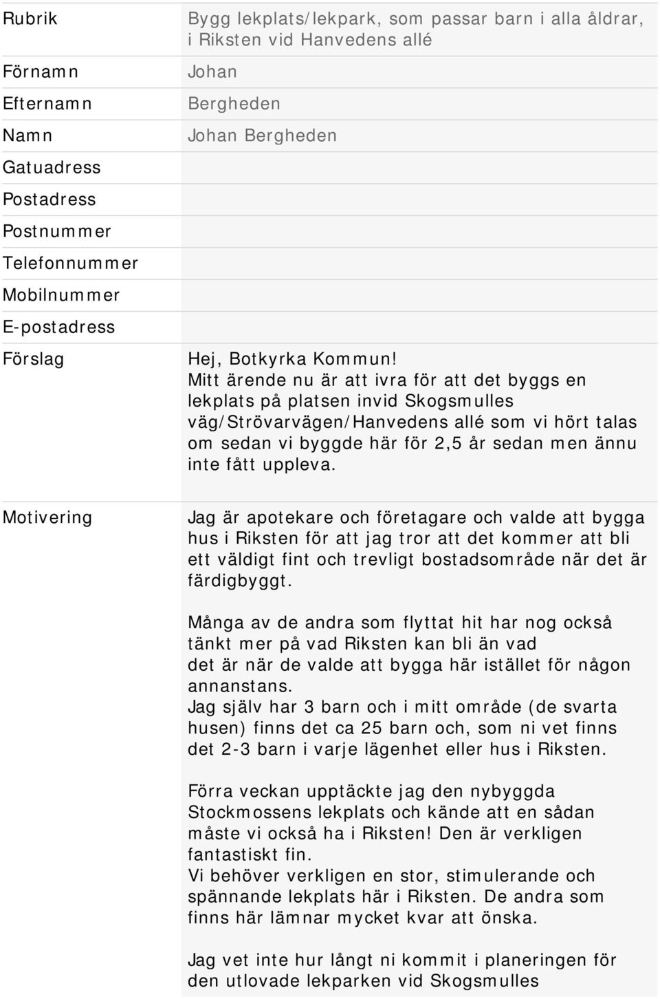 Mitt ärende nu är att ivra för att det byggs en lekplats på platsen invid Skogsmulles väg/strövarvägen/hanvedens allé som vi hört talas om sedan vi byggde här för 2,5 år sedan men ännu inte fått