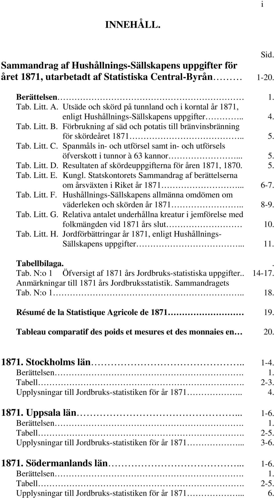 Spanmåls in- och utförsel samt in- och utförsels öfverskott i tunnor à 63 kannor... 5. Tab. Litt. D. Resultaten af skördeuppgifterna för åren 1871, 1870. 5. Tab. Litt. E. Kungl.