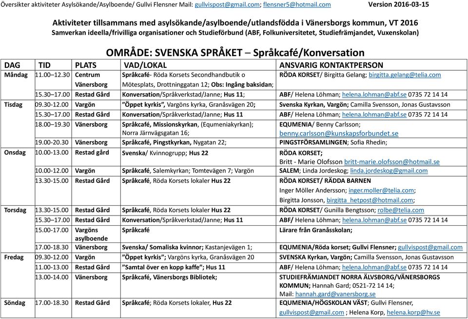 30 Centrum Vänersborg Språkcafé- Röda Korsets Secondhandbutik o Mötesplats, Drottninggatan 12; Obs: Ingång baksidan; RÖDA KORSET/ Birgitta Gelang; birgitta.gelang@telia.com 15.30 17.