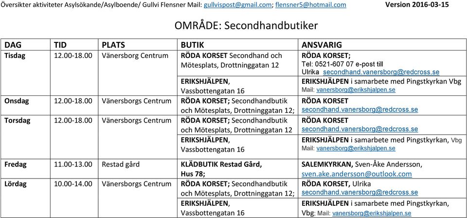 00-14.00 Vänersborgs Centrum RÖDA KORSET; Secondhandbutik och Mötesplats, Drottninggatan 12; ERIKSHJÄLPEN, Vassbottengatan 16 RÖDA KORSET; Tel: 0521-607 07 e-post till Ulrika secondhand.