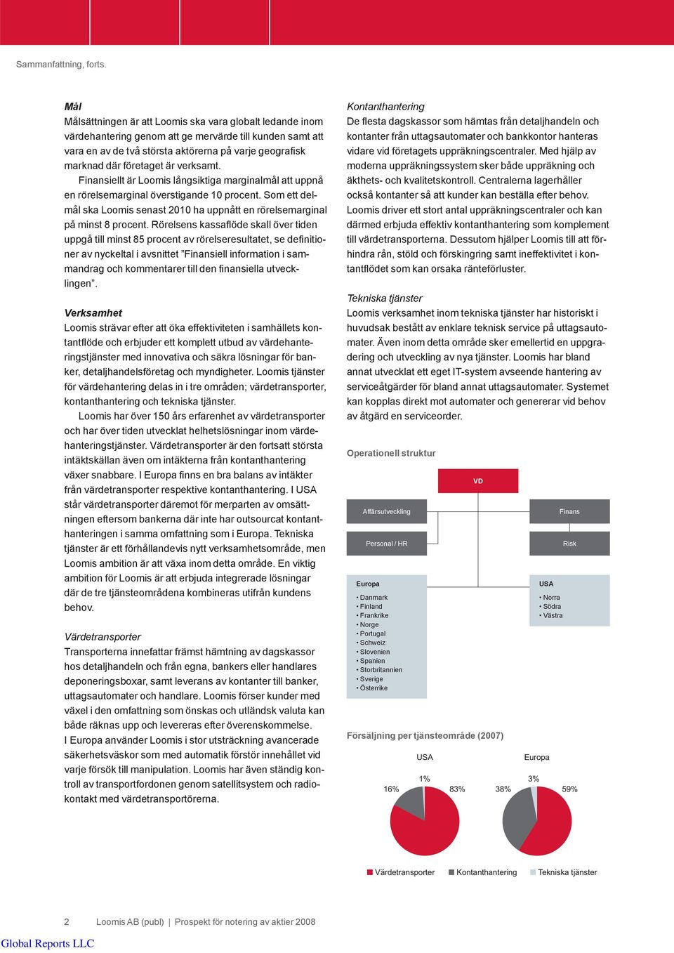 är verksamt. Finansiellt är Loomis långsiktiga marginalmål att uppnå en rörelsemarginal överstigande 10 procent. Som ett delmål ska Loomis senast 2010 ha uppnått en rörelsemarginal på minst 8 procent.