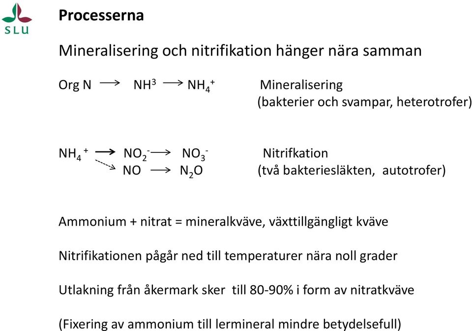 nitrat = mineralkväve, växttillgängligt kväve Nitrifikationen pågår ned till temperaturer nära noll grader