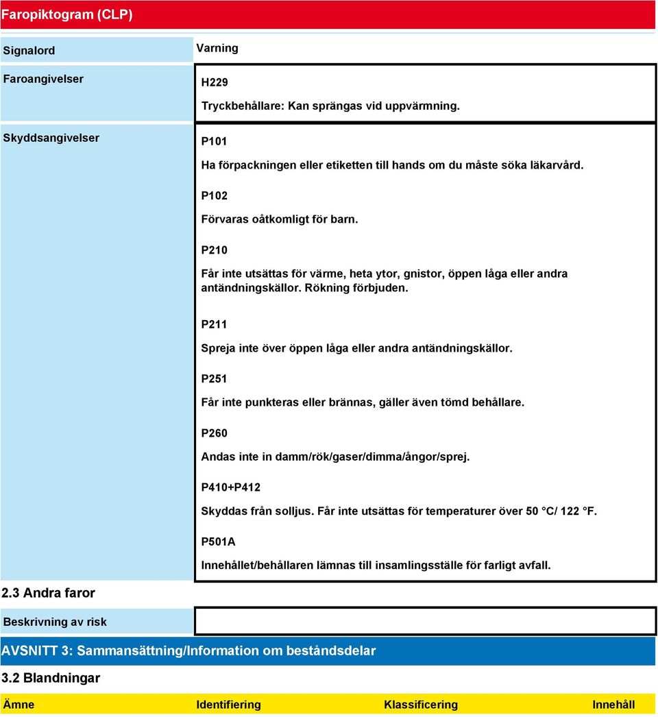 P211 Spreja inte över öppen låga eller andra antändningskällor. P251 Får inte punkteras eller brännas, gäller även tömd behållare. P260 Andas inte in damm/rök/gaser/dimma/ångor/sprej.