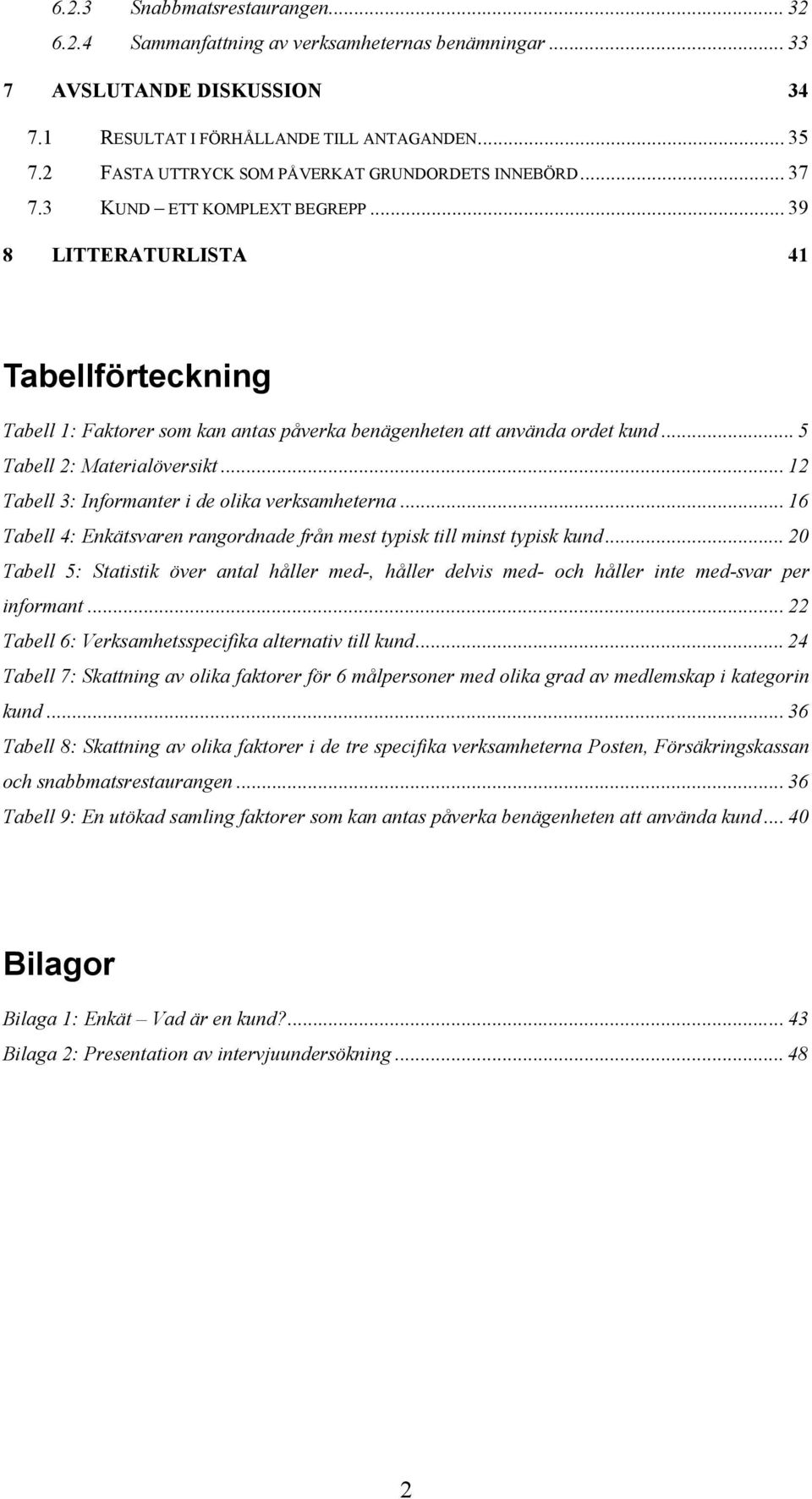 .. 39 8 LITTERATURLISTA 41 Tabellförteckning Tabell 1: Faktorer som kan antas påverka benägenheten att använda ordet kund... 5 Tabell 2: Materialöversikt.