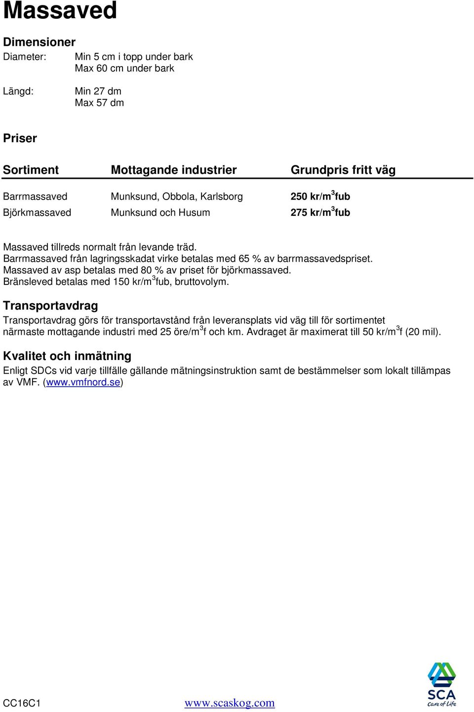 Massaved av asp betalas med 80 % av priset för björkmassaved. Bränsleved betalas med 150 kr/m 3 fub, bruttovolym.