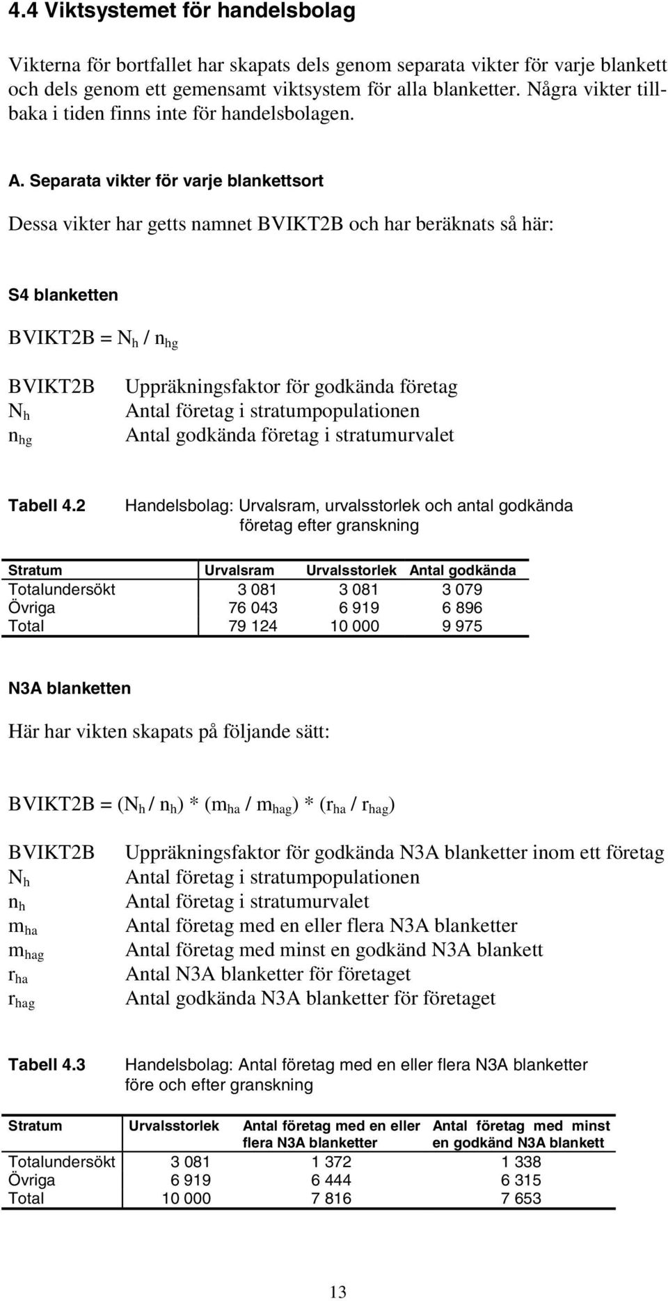 Separata vikter för varje blankettsort Dessa vikter har getts namnet BVIKT2B och har beräknats så här: S4 blanketten BVIKT2B = N h / n hg BVIKT2B N h n hg Uppräkningsfaktor för godkända företag Antal