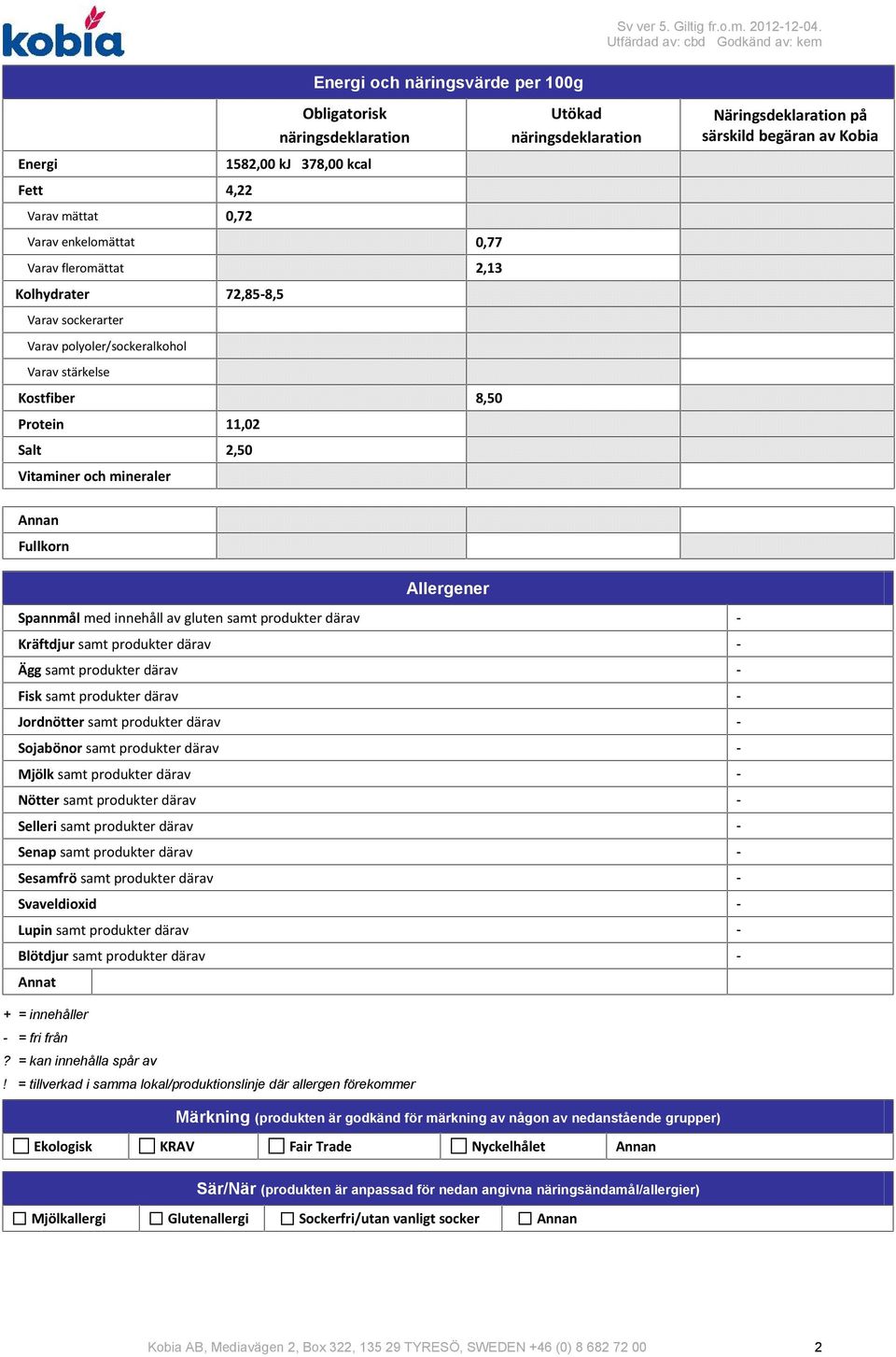 sockerarter Varav polyoler/sockeralkohol Varav stärkelse Kostfiber 8,50 Protein 11,02 Salt 2,50 Vitaminer och mineraler Utökad näringsdeklaration Näringsdeklaration på särskild begäran av Kobia Annan