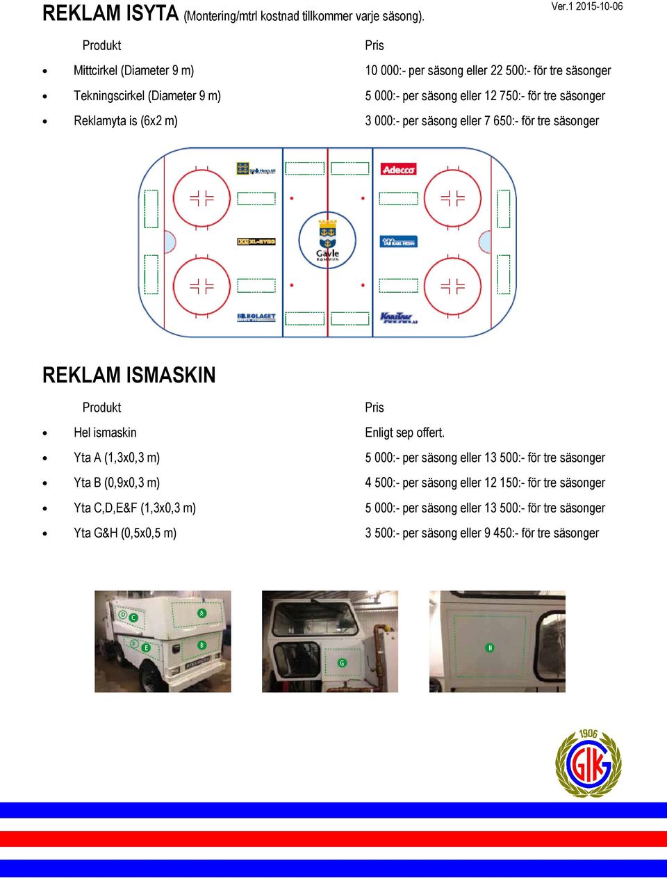 för tre säsonger Reklamyta is (6x2 m) 3 000:- per säsong eller 7 650:- för tre säsonger REKLAM ISMASKIN Produkt Hel ismaskin Enligt sep offert.