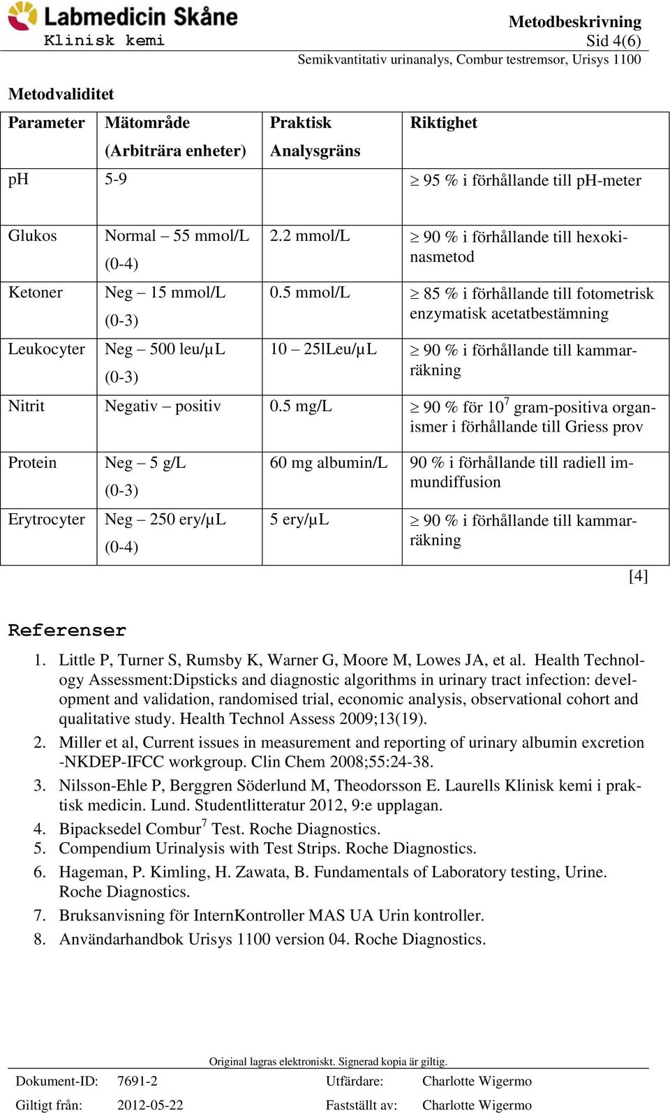 5 mmol/l 85 % i förhållande till fotometrisk enzymatisk acetatbestämning 10 25lLeu/µL 90 % i förhållande till kammarräkning Nitrit Negativ positiv 0.