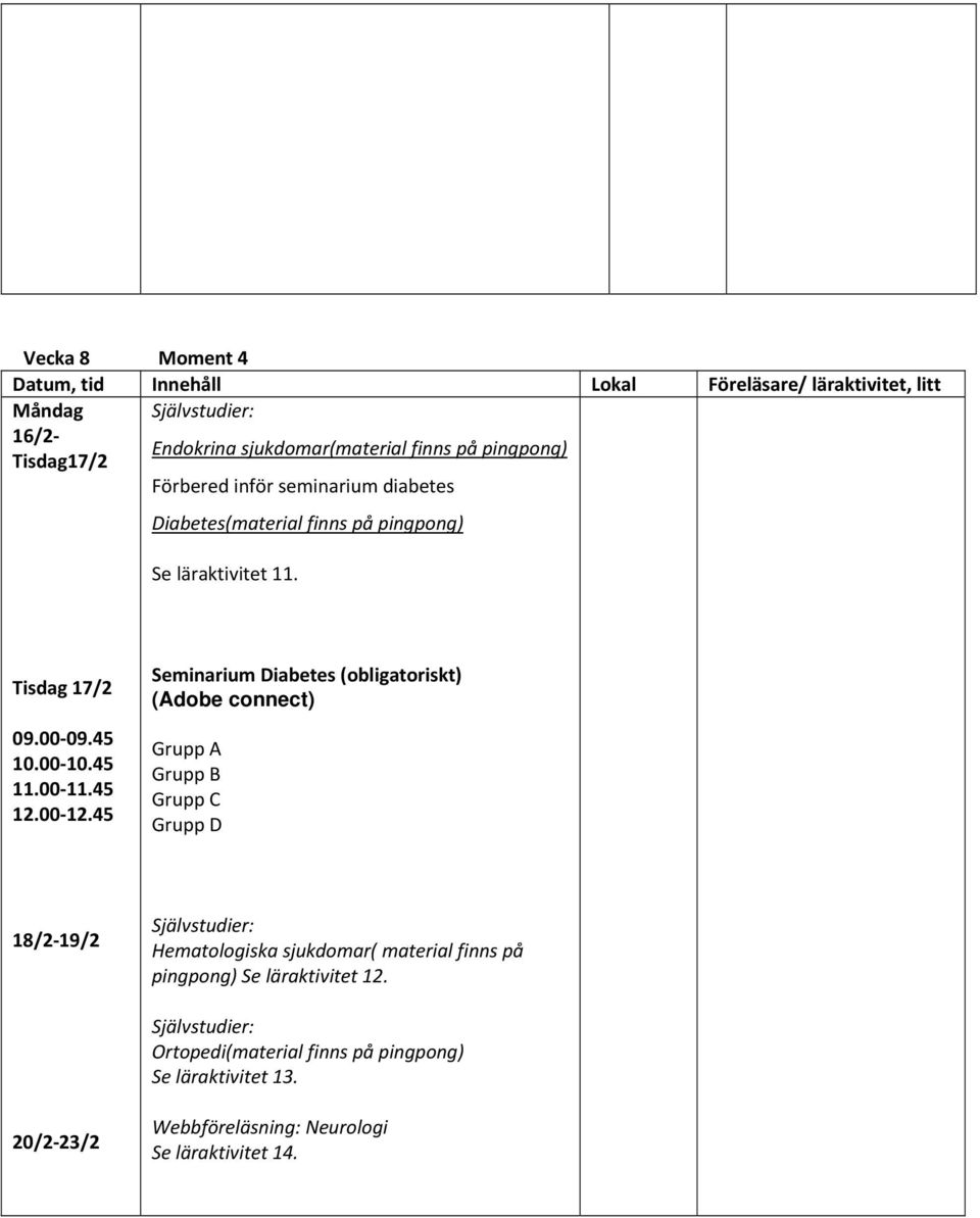 45 Seminarium Diabetes (obligatoriskt) (Adobe connect) Grupp A Grupp B Grupp C Grupp D 18/2 19/2 Hematologiska sjukdomar(