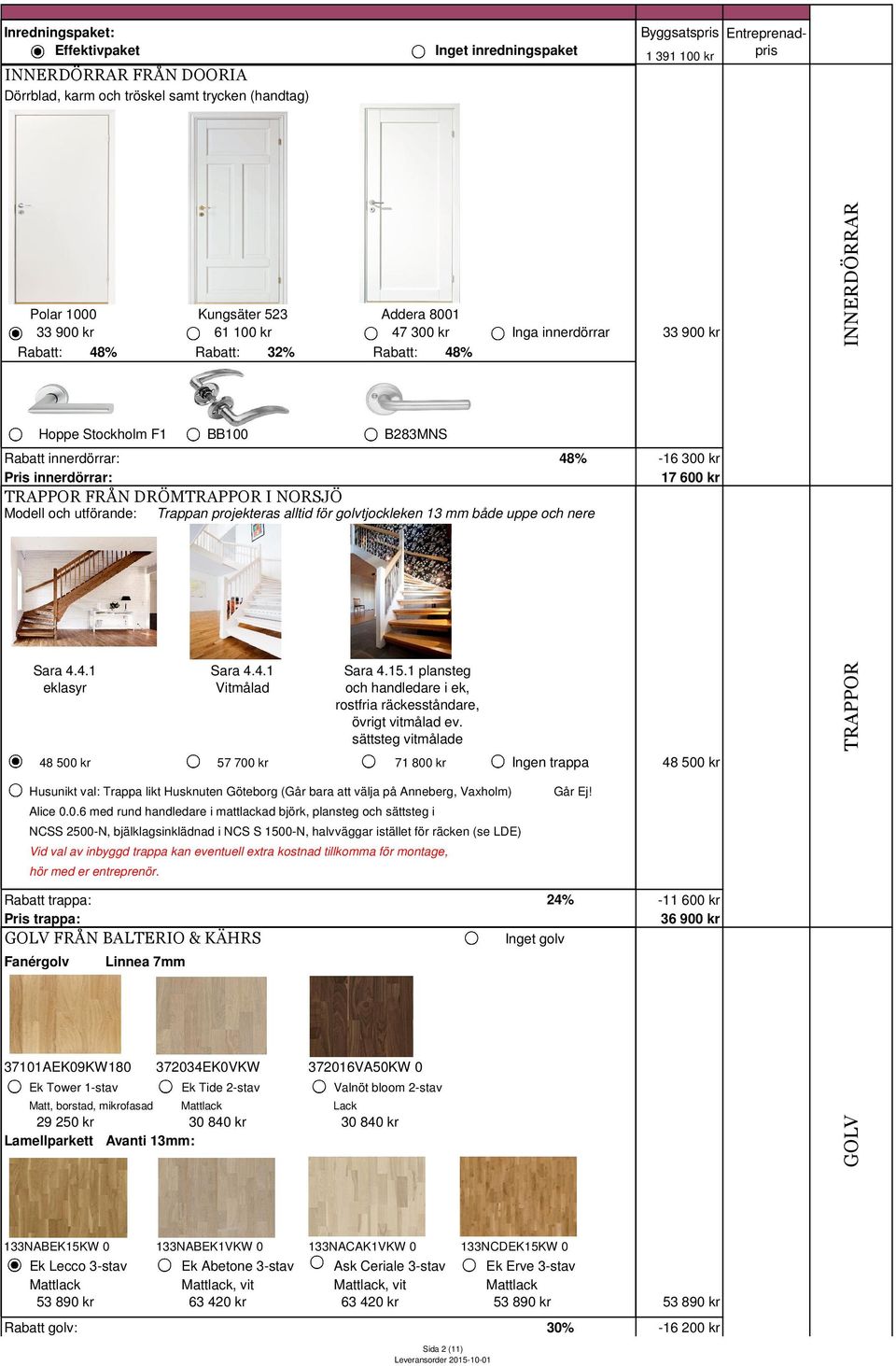 FRÅN DRÖMTRAPPOR I NORSJÖ Modell och utförande: Trappan projekteras alltid för golvtjockleken 13 mm både uppe och nere -16 300 kr 17 600 kr Sara 4.4.1 eklasyr Sara 4.4.1 Vitmålad Sara 4.15.