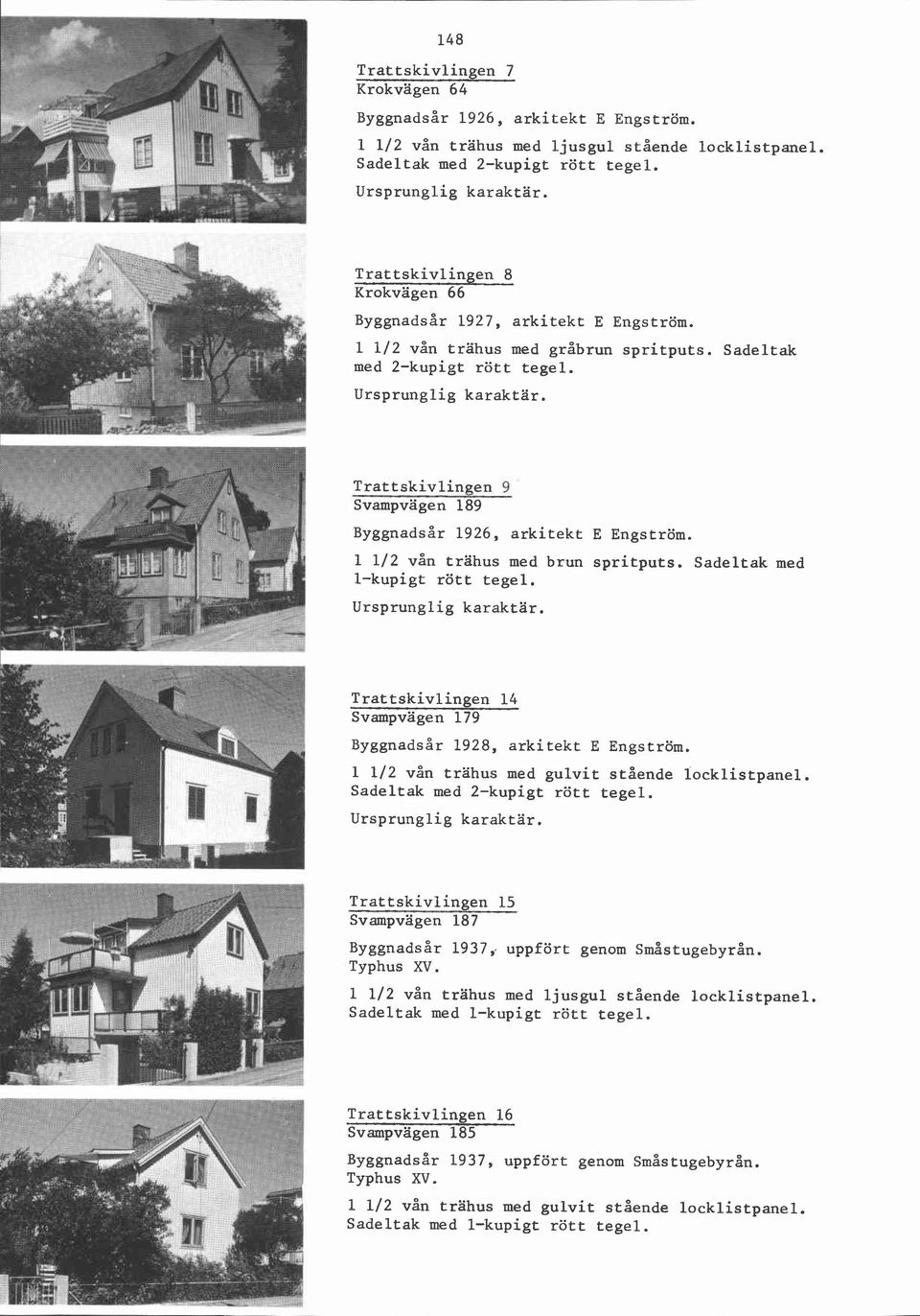 Trattskivlingen 14 Svampvägen 179 Byggnadsår 1928, arkitekt E Engström. 1 112 vån trahus med gulvit stående locklistpanel.