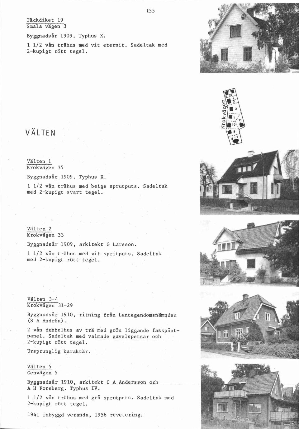 Sadeltak med Välten 3-4 Krokvägen 31-29 Byggnadsår 1910, ritning från Lantegendomsnämnden (S A Andrén). 2 vån dubbelhus av trä med grön liggande fasspåntpanel.