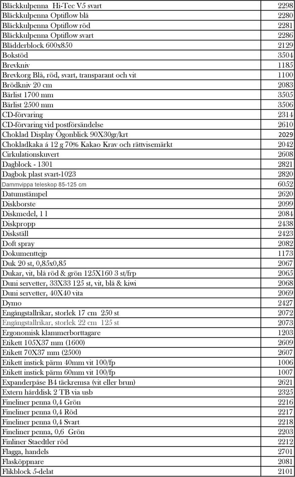 Chokladkaka á 12 g 70% Kakao Krav och rättvisemärkt 2042 Cirkulationskuvert 2608 Dagblock - 1301 2821 Dagbok plast svart-1023 2820 Dammvippa teleskop 85-125 cm 6052 Datumstämpel 2620 Diskborste 2099