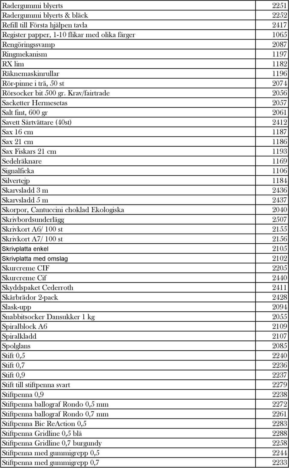 Krav/fairtrade 2056 Sacketter Hermesetas 2057 Salt fint, 600 gr 2061 Savett Sårtvättare (40st) 2412 Sax 16 cm 1187 Sax 21 cm 1186 Sax Fiskars 21 cm 1193 Sedelräknare 1169 Signalficka 1106 Silvertejp