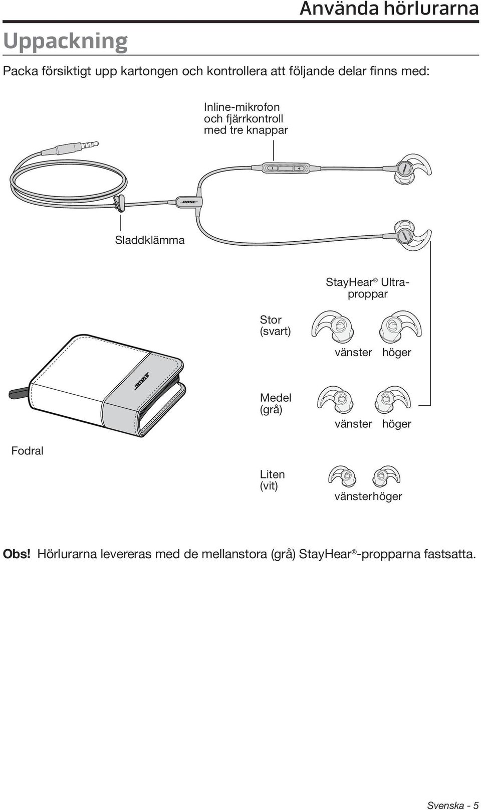 Ultraproppar Stor (svart) vänster höger Medel (grå) vänster höger Fodral Liten (vit) vänster