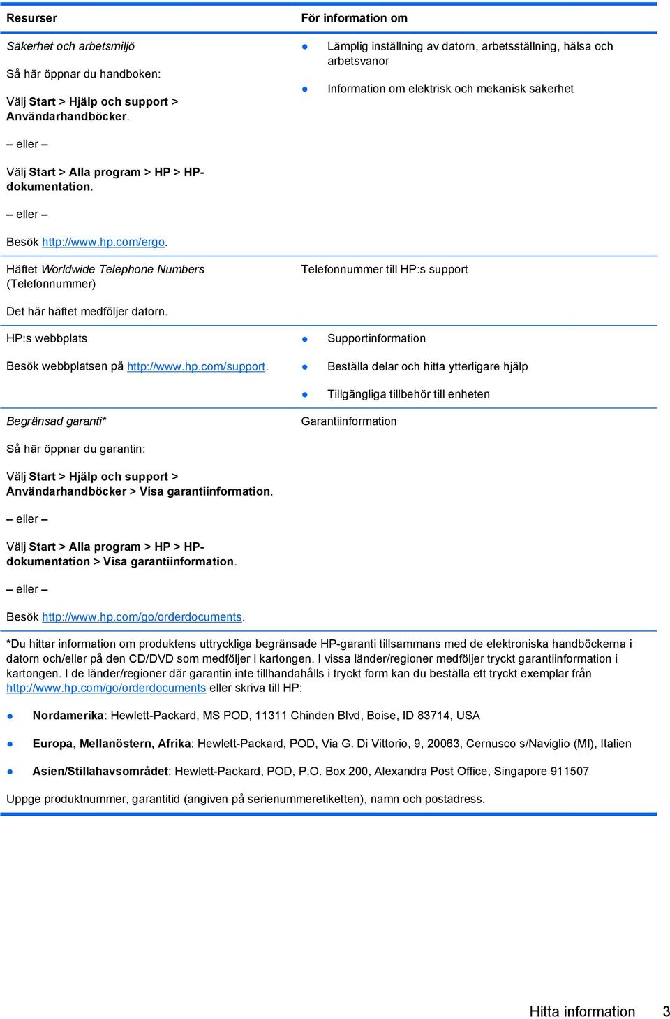 Lämplig inställning av datorn, arbetsställning, hälsa och arbetsvanor Information om elektrisk och mekanisk säkerhet Häftet Worldwide Telephone Numbers (Telefonnummer) Telefonnummer till HP:s support