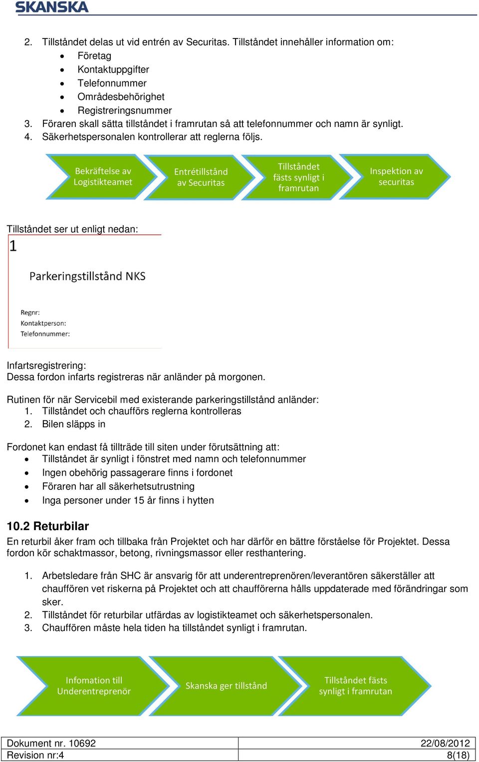 Bekräftelse av Logistikteamet Entrétillstånd av Securitas Tillståndet fästs synligt i framrutan Inspektion av securitas Tillståndet ser ut enligt nedan: Infartsregistrering: Dessa fordon infarts