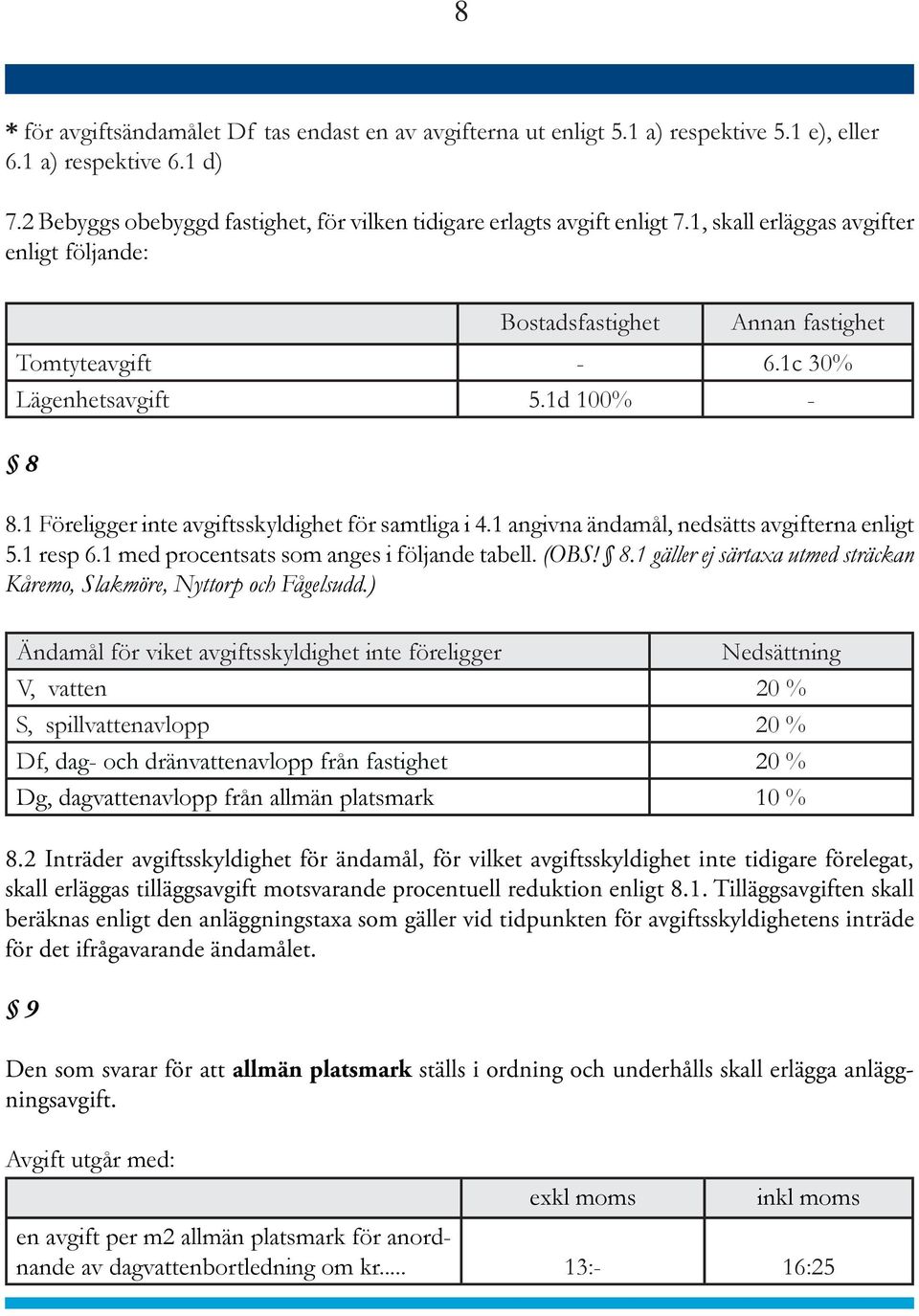 1 angivna ändamål, nedsätts avgifterna enligt 5.1 resp 6.1 med procentsats som anges i följande tabell. (OBS! 8.1 gäller ej särtaxa utmed sträckan Kåremo, Slakmöre, Nyttorp och Fågelsudd.