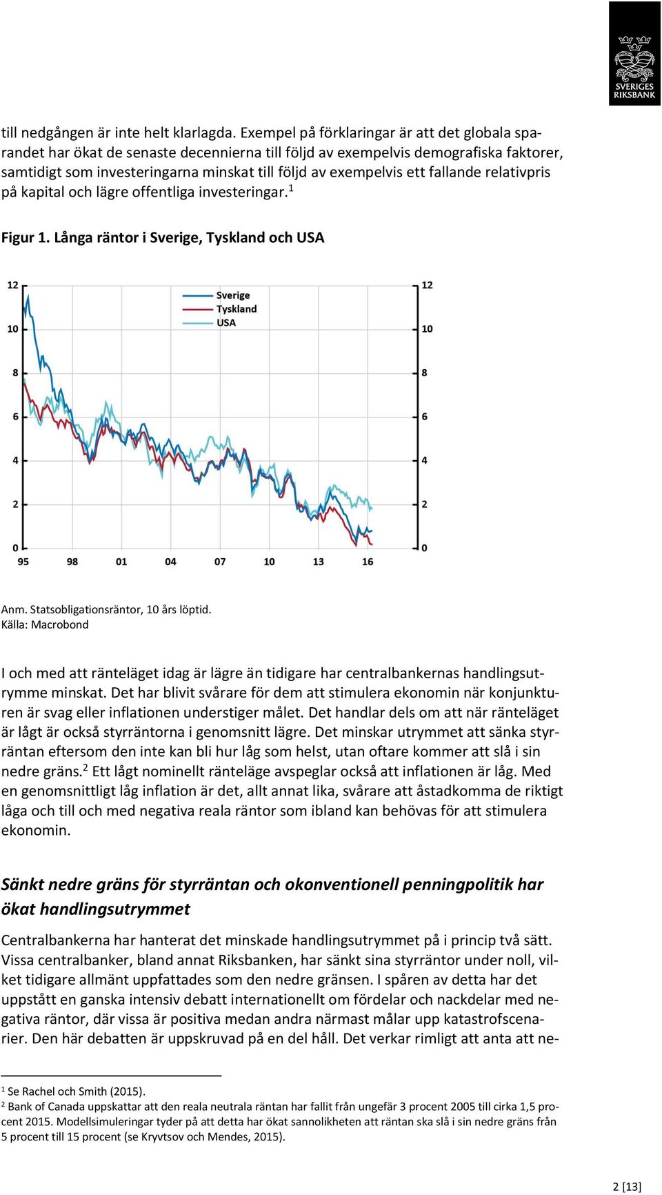 fallande relativpris på kapital och lägre offentliga investeringar. 1 Figur 1. Långa räntor i Sverige, Tyskland och USA Anm. Statsobligationsräntor, 10 års löptid.