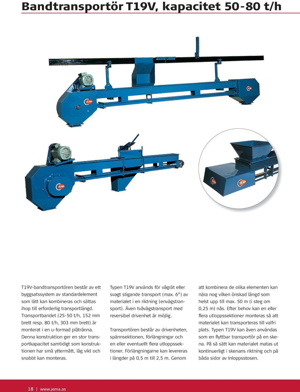 Denna konstruktion ger en stor transportkapacitet samtidigt som konstruktionen har små yttermått, låg vikt och snabbt kan monteras. Typen T19V används för vågrät eller svagt stigande transport (max.