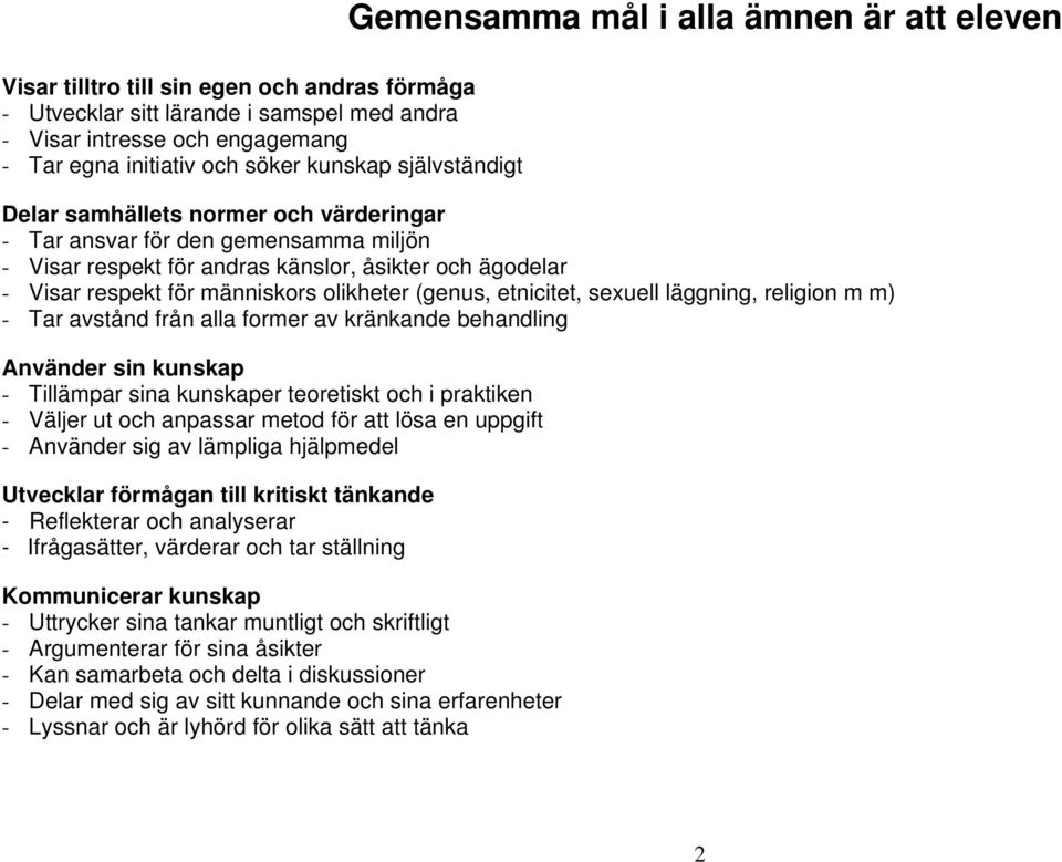 (genus, etnicitet, sexuell läggning, religion m m) - Tar avstånd från alla former av kränkande behandling Använder sin kunskap - Tillämpar sina kunskaper teoretiskt och i praktiken - Väljer ut och