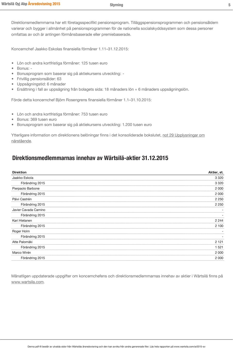 eller premiebaserade. Koncernchef Jaakko Eskolas finansiella förmåner 1.11 31.12.