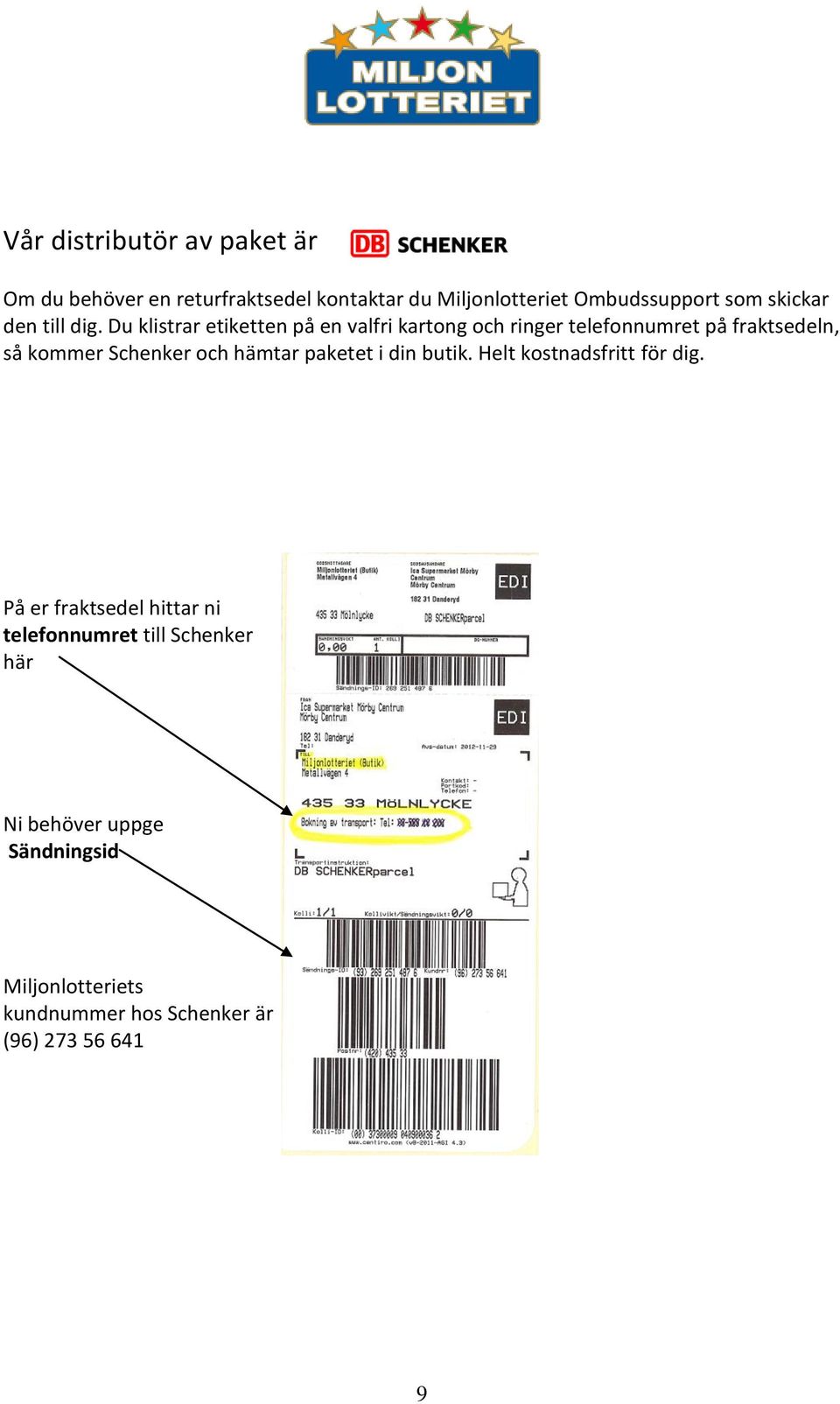 Du klistrar etiketten på en valfri kartong och ringer telefonnumret på fraktsedeln, så kommer Schenker och