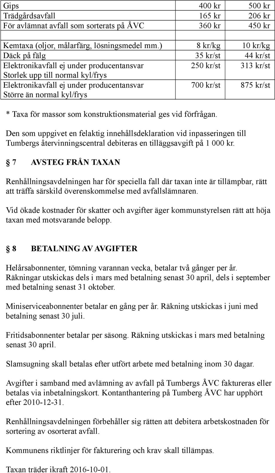 normal kyl/frys 700 kr/st 875 kr/st * Taxa för massor som konstruktionsmaterial ges vid förfrågan.