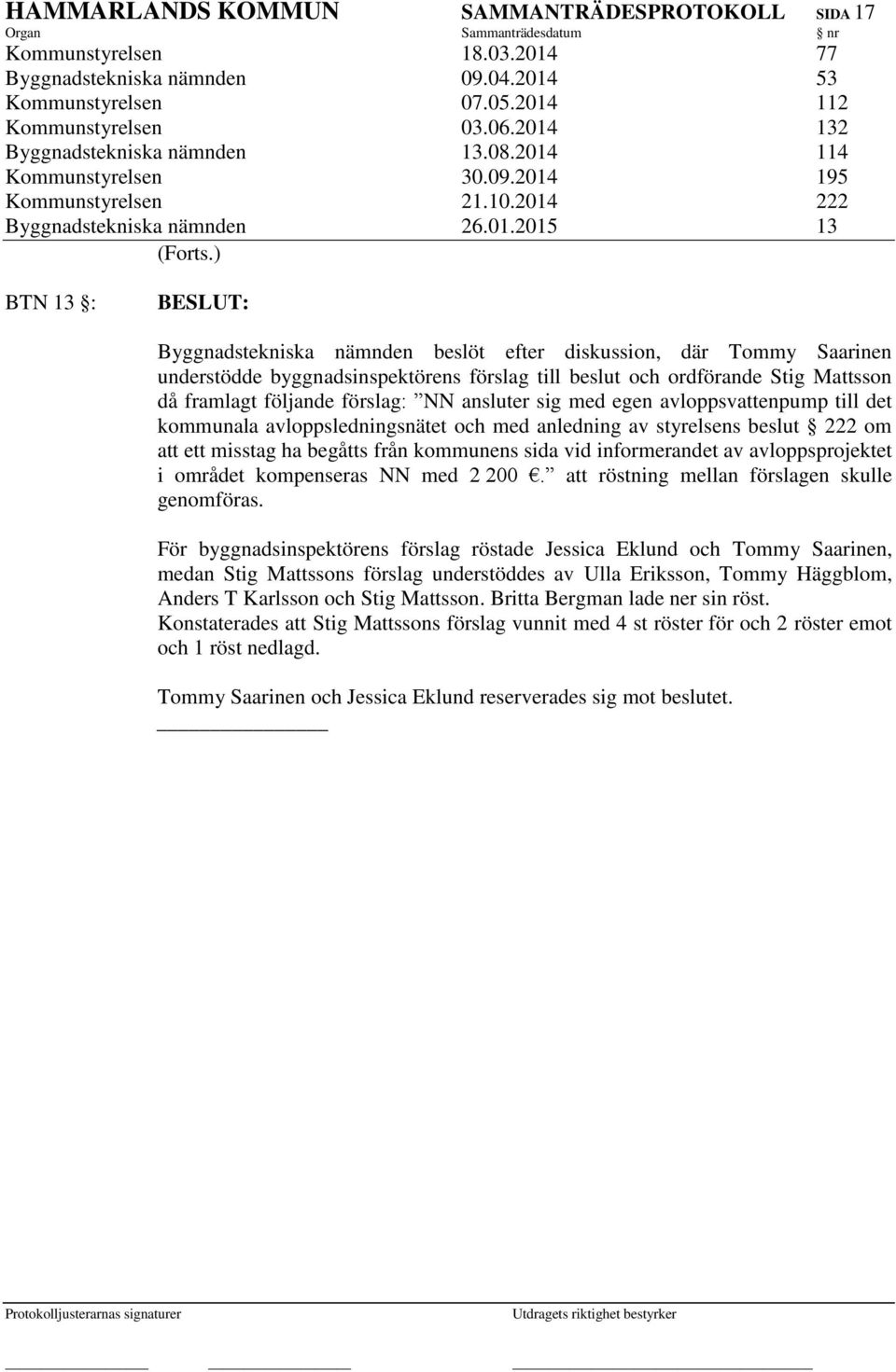 ) BTN 13 : Byggnadstekniska nämnden beslöt efter diskussion, där Tommy Saarinen understödde byggnadsinspektörens förslag till beslut och ordförande Stig Mattsson då framlagt följande förslag: NN