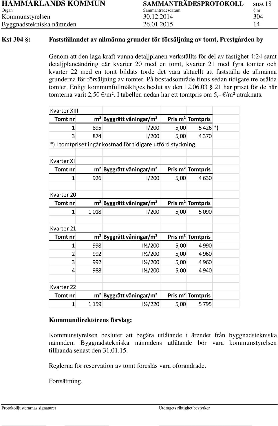 2015 14 Kst 304 : Fastställandet av allmänna grunder för försäljning av tomt, Prestgården by Genom att den laga kraft vunna detaljplanen verkställts för del av fastighet 4:24 samt detaljplaneändring