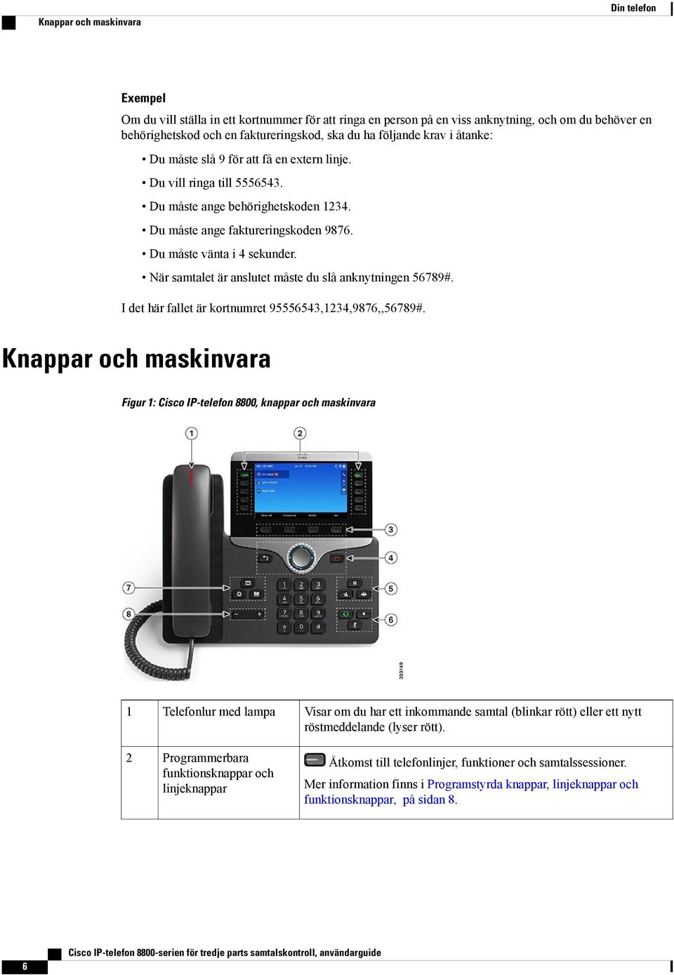 När samtalet är anslutet måste du slå anknytningen 56789#. I det här fallet är kortnumret 95556543,1234,9876,,56789#.