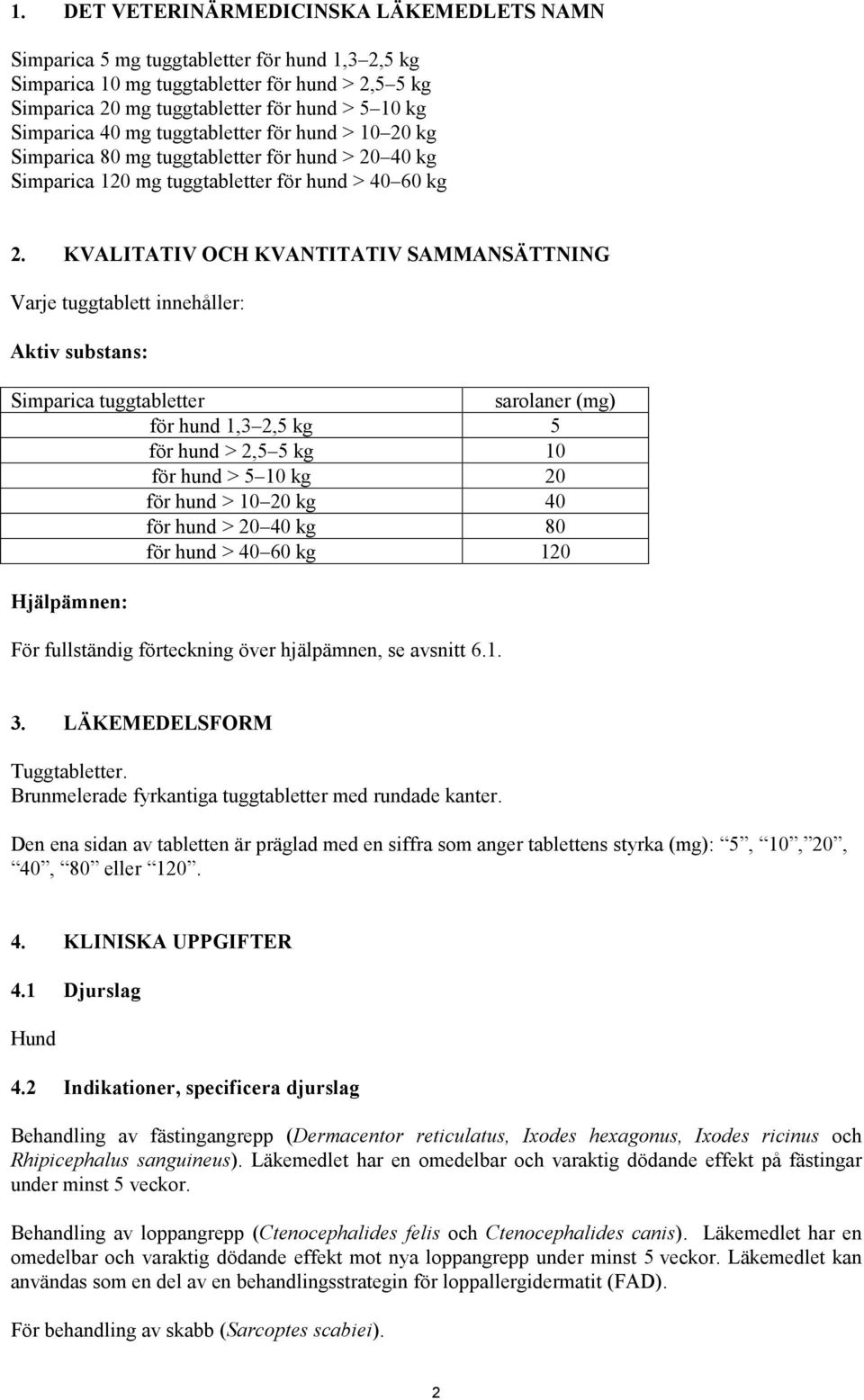 KVALITATIV OCH KVANTITATIV SAMMANSÄTTNING Varje tuggtablett innehåller: Aktiv substans: Simparica tuggtabletter sarolaner (mg) för hund 1,3 2,5 kg 5 för hund > 2,5 5 kg 10 för hund > 5 10 kg 20 för