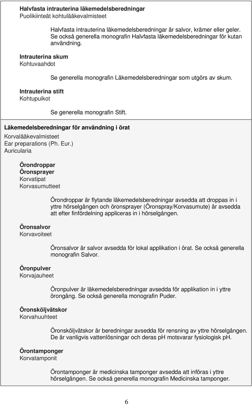 Läkemedelsberedningar för användning i örat Korvalääkevalmisteet Ear preparations (Ph. Eur.