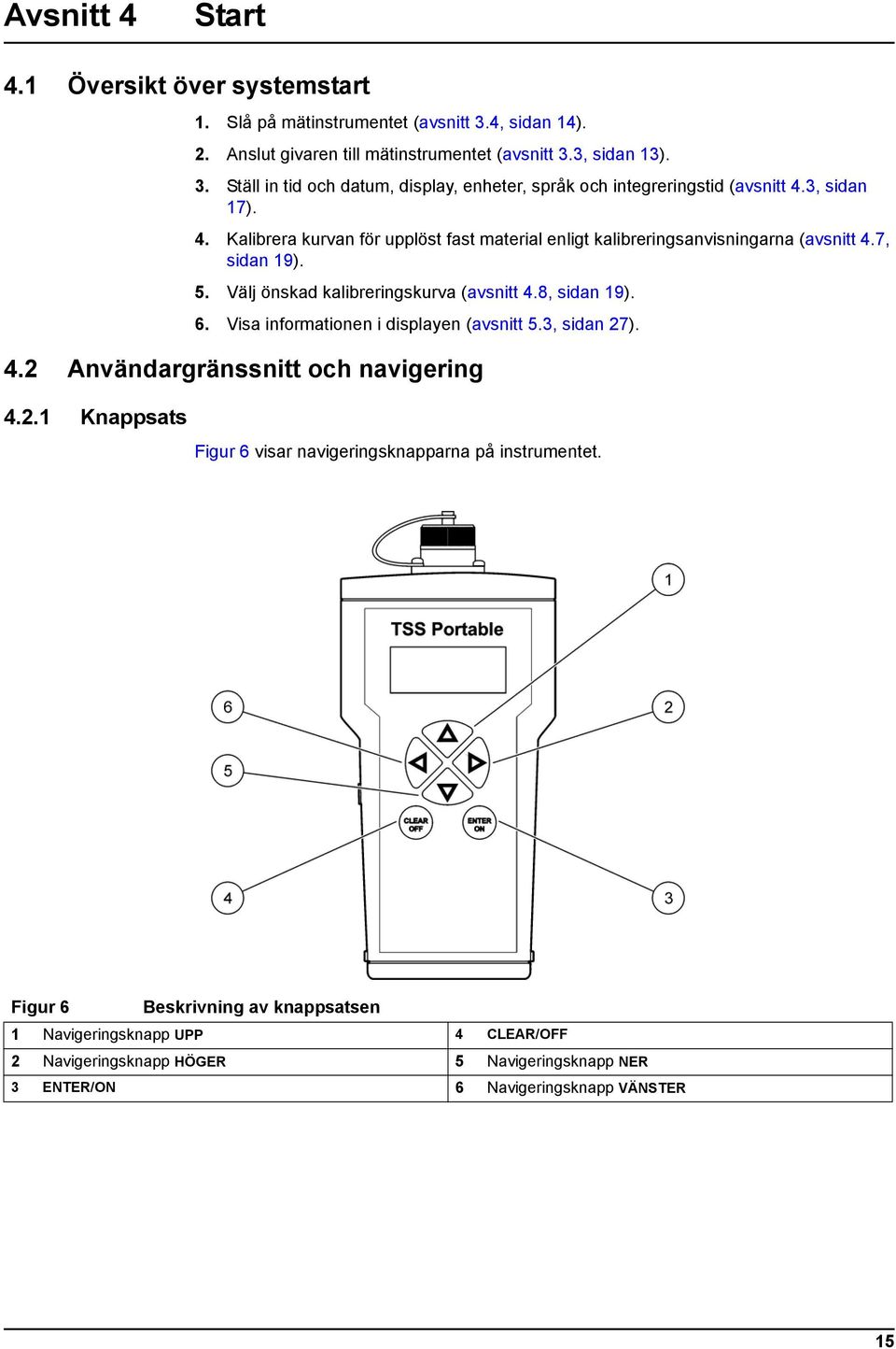 Visa informationen i displayen (avsnitt 5.3, sidan 27). 4.2 Användargränssnitt och navigering 4.2.1 Knappsats Figur 6 visar navigeringsknapparna på instrumentet.