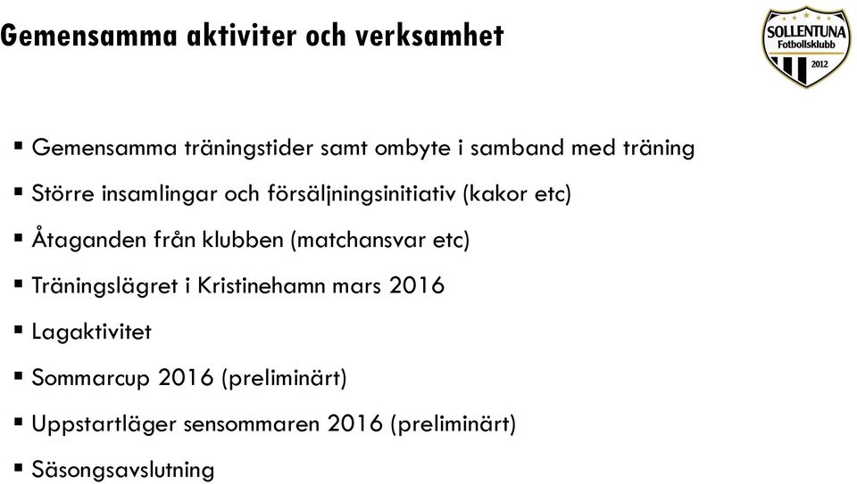 klubben (matchansvar etc) Träningslägret i Kristinehamn mars 2016 Lagaktivitet