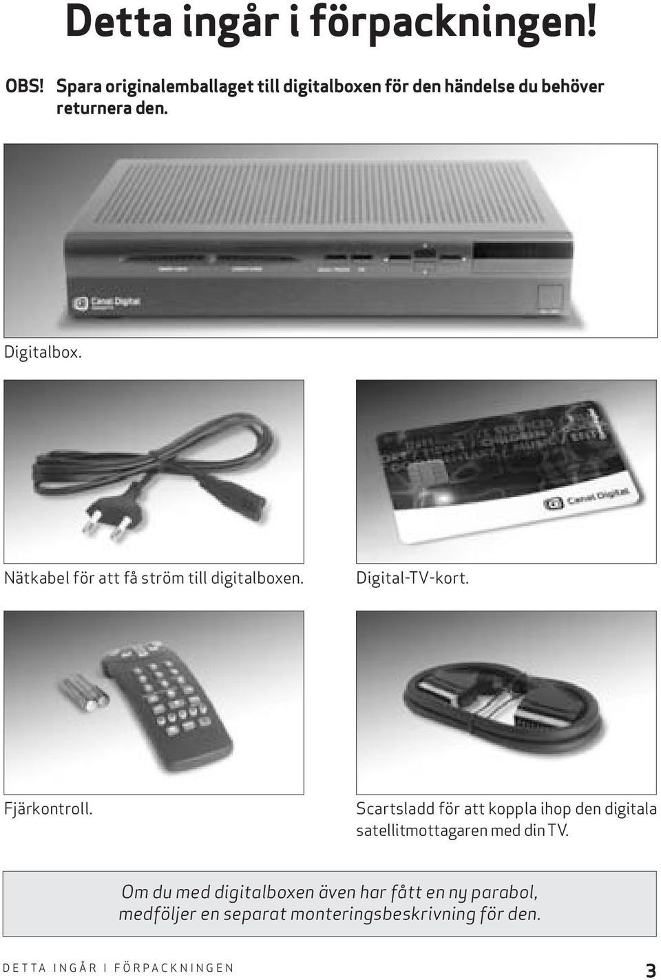 Nätkabel för att få ström till digitalboxen. Digital-TV-kort. Fjärkontroll.